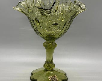 Vintage Fenton Rose Pedestal Green Glass Compote