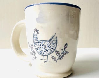 Pottery Coffee Tea Mug Chicken Rooster Farm Animal Farmhouse Decor Artist Signed Savanna Snow Wilkins