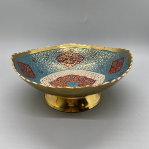 Vintage Bowl Solid Metal Brass Small Decorative Tinket Dish Floral Enamel Design Scalloped Rim