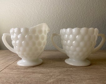 Vintage Bubble Ehite Milk Glass Creamer and Sugar Set Anchor Hocking