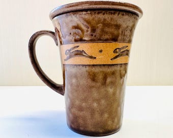 Vintage Stoneware Coffee Tea Mug Lid Textured Brown Glaze Decorative Band Bunny Rabbits Hare