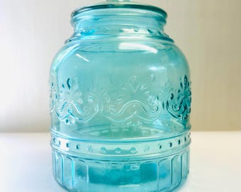 Retired The Pioneer Woman Cassie Lidded Teal Blue Glass Cansiter Kitchen Storage Flashed