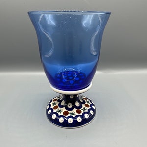 Vintage Polish Pottery Goblet Tumbler Water Glass Cobalt Blue Glass Nature Pottery Base Nature Pattern
