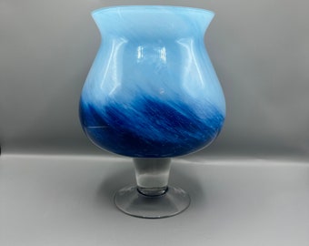 Vintage Brandy Snifter Art Glass Blue Ombré Swirl Art Glass Brandy Snifter Footed Vase (AS IS!)