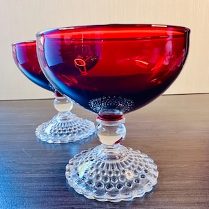 A Pair of Vintage Anchor Hocking Bubble Royal Ruby Champagne Dessert Glass Goblet Drinkware Glassware Barware