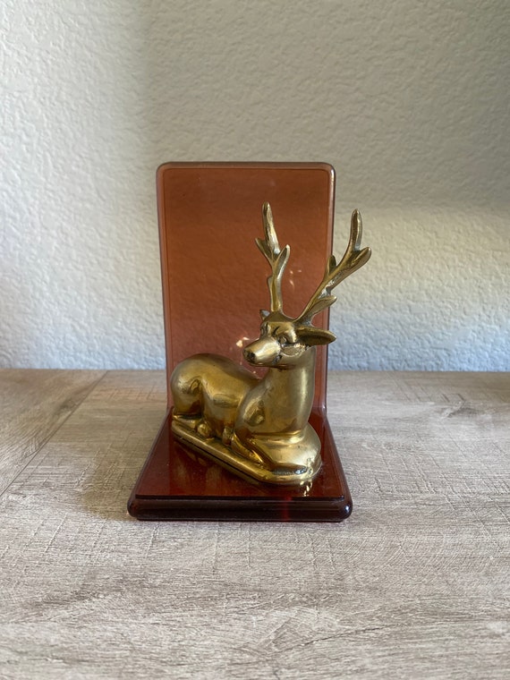 Vintage Bookend Brass Buck Deer MCM Lucite Plastic