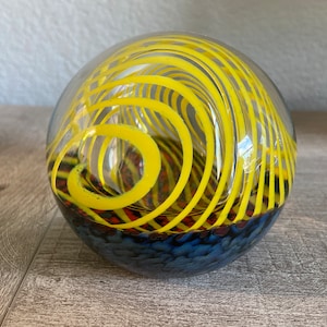 Vintage Lindsey Art Glass Studio 2001 Paperweight Art Glass Vibrant Yellow Swirls Blue Base Art Glass Paperweight CMG Celebrate 2000