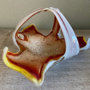 Vintage Murano Art Glass Bowl Triple Pulled Handle Red, Yellow, and White with Copper Flakes Made in Italy