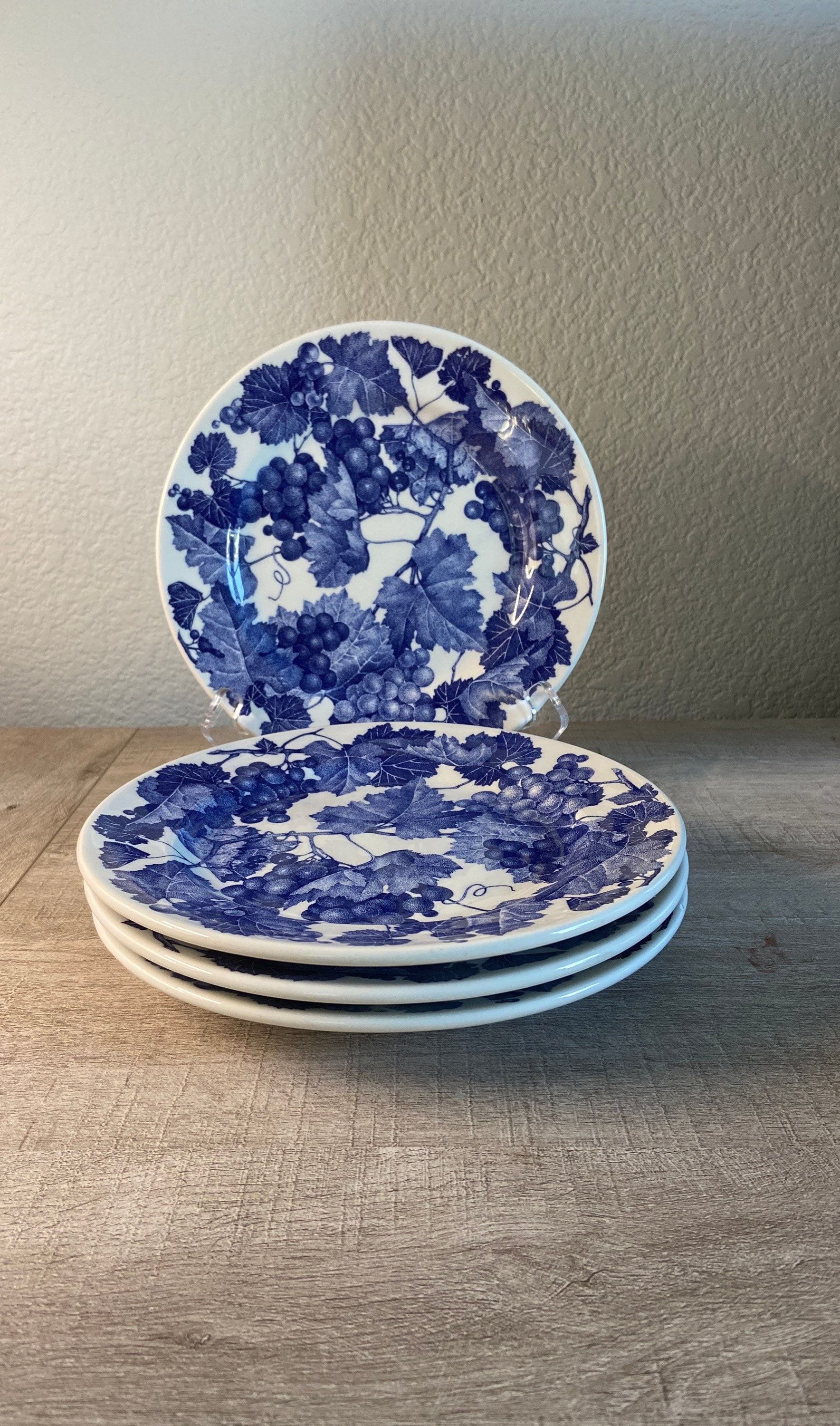 4 Crate and Barrel Ceramic Porcelain Blue and White Grape Vine