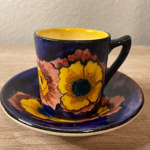 Vintage H & K Tunstall Small Poppy Flower Floral Demitasse Cup and Saucer in Hues of Blues, Purples, and Yellows Made in England