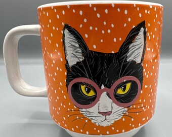 Taza de café/té Let's Dine con gato blanco y negro con gafas rosas