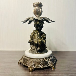 Vintage Metal Marble Cherub Child Lamp Taper Candlestick Holder