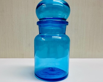 Vintage Apothecary Blue Glass Bubble Lidded Jar Container Made in Belgium
