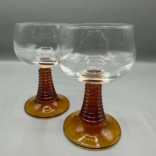 A Pair of Vintage Luminarc France MCM Amber Glass Beehive Stemmed Rhein Roemer Style Wine Glasses Drinkware Barware Glassware Made in France