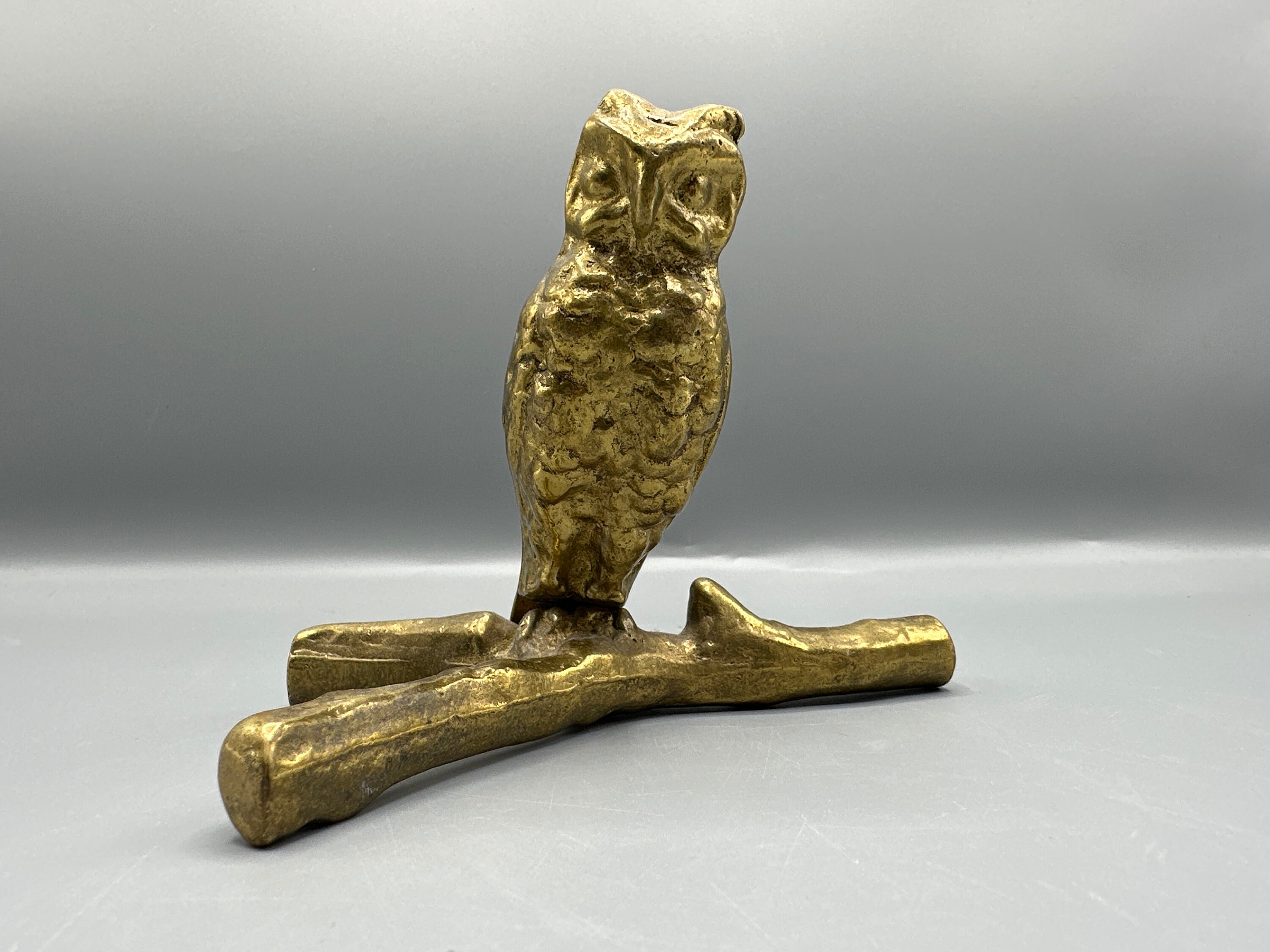 Vintage MCM Owl Paperweight Solid Brass Owl on Branch Figurine Paperweight Office Decor