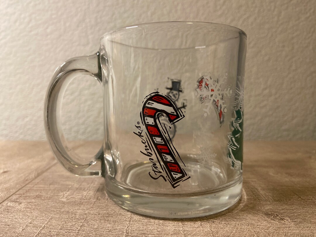 Vintage Starbucks Clear Glass Mug With Snowman Candy Cane and Tree