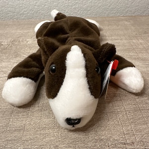 Vintage Bull Terrier Dog TY Beanie Baby Bruno Brown White Plush Stuffed Animal