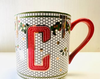 Retired Anthropolgie Coffee Tea Mug C Monogram Letter Inital Festive Bistro Tile