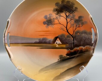 Vintage Noritake Plate Tree in the Meadow House by the Lake Scenic Hand Painted Plate Sunset Plate Handled Cake Plate Made in Japan