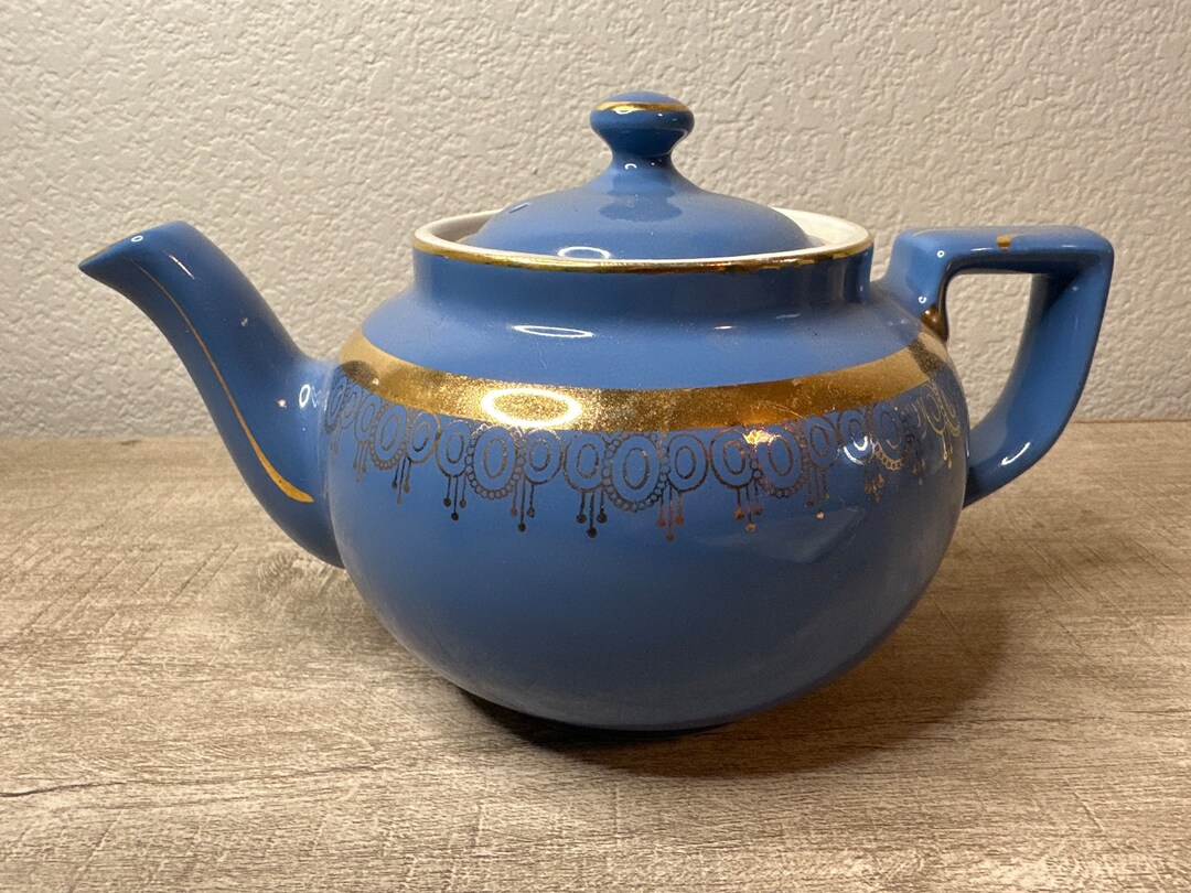 Vintage MCM Hall Pottery Ceramic Blue and Gold Toned Accents Teapot