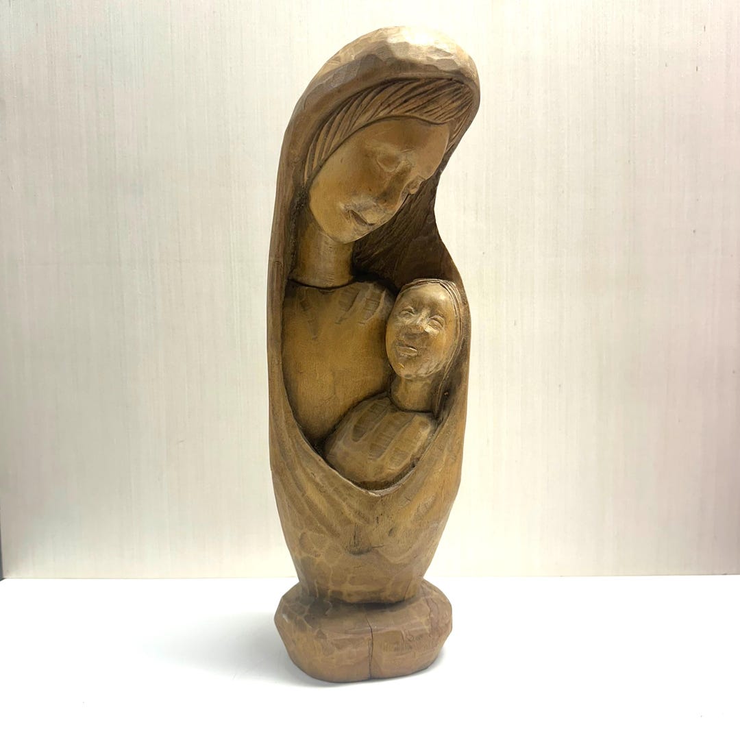 Vintage Wood Hand Carved Madonna Child Mary Jesus Sculpture Religious ...