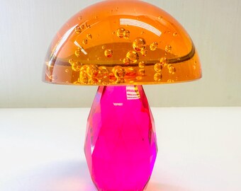 Art Glass Mushroom Pink Orange Bubbled Glass Faceted Base