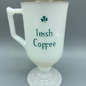 Vintage Milk Glass Irish Coffee Shamrock Clover Pedestal Coffee Mug Pedestal Cup Gold Accents Saint Patricks Day