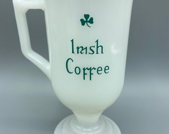 Vintage Milk Glass Irish Coffee Shamrock Clover Pedestal Coffee Mug Pedestal Cup Gold Accents Saint Patricks Day