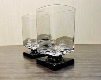 A Pair of Vintage MCM Drinking Glasses Square Black  Footed Glassware Drinkware Barware