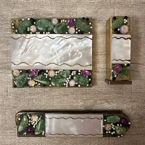 Vintage Compact Mirror Lipstick Container Comb Decorative Beads and Pearl Like Accents Metal
