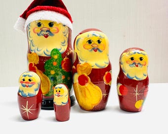 Vintage Russian Folk Art Wooden Nesting Dolls  Matryoshka Doll Santa Claus Saint Nick Hand Painted Christmas Figurine Decor