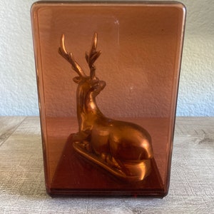 Puede incluir: Una figurita de ciervo de color cobre con cuernos se encuentra dentro de una caja de vidrio transparente rectangular de color &aacute;mbar.