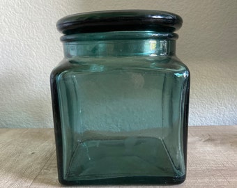 Pier 1 Teal Flashing Heavy Glass Canister, Teal Glass Jar, Teal Lidded Glass Jar