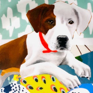 May include: A ceramic plate featuring a stylized illustration of a dog. The dog has brown and white fur, a red collar, and is set against a colorful background with geometric patterns. The plate's design is vibrant and eye-catching, suitable for decorative or functional use.