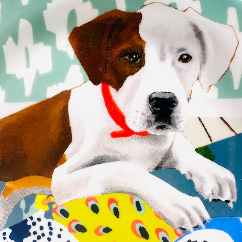 May include: A ceramic plate featuring a stylized illustration of a dog. The dog has brown and white fur, a red collar, and is set against a colorful background with geometric patterns. The plate's design is vibrant and eye-catching, suitable for decorative or functional use.