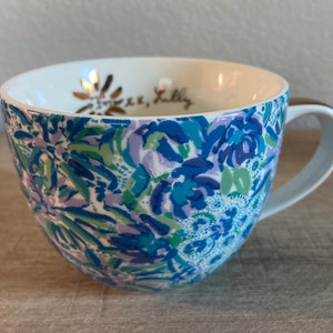 Vintage Lilly Pulitzer Floral Coffee Tea Mug Hues of Purple Blue Green Gold Toned Accents Gift for Her