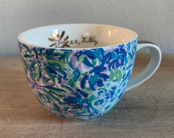 Vintage Lilly Pulitzer Floral Coffee Tea Mug Hues of Purple Blue Green Gold Toned Accents Gift for Her
