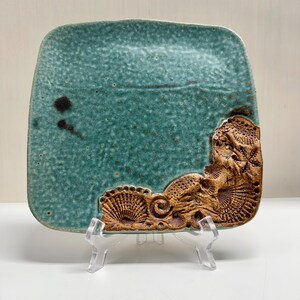 Vintage Art Studio Pottery Blue Plate Dish Shell Imprints PL Stamped Speckled Handmade