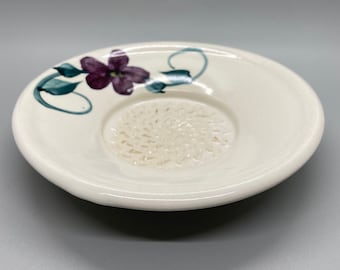 Vintage Garlic Grater Plate Dish Contemporary Pottery with Purple Flower Made in USA