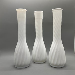 Vintage Trio of White Milk Glass Swirl Pattern Bud Vases Hoosier and 4095