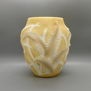 Vintage Phoenix Sculptured Artware White Ferns on Yellow Glass Vase