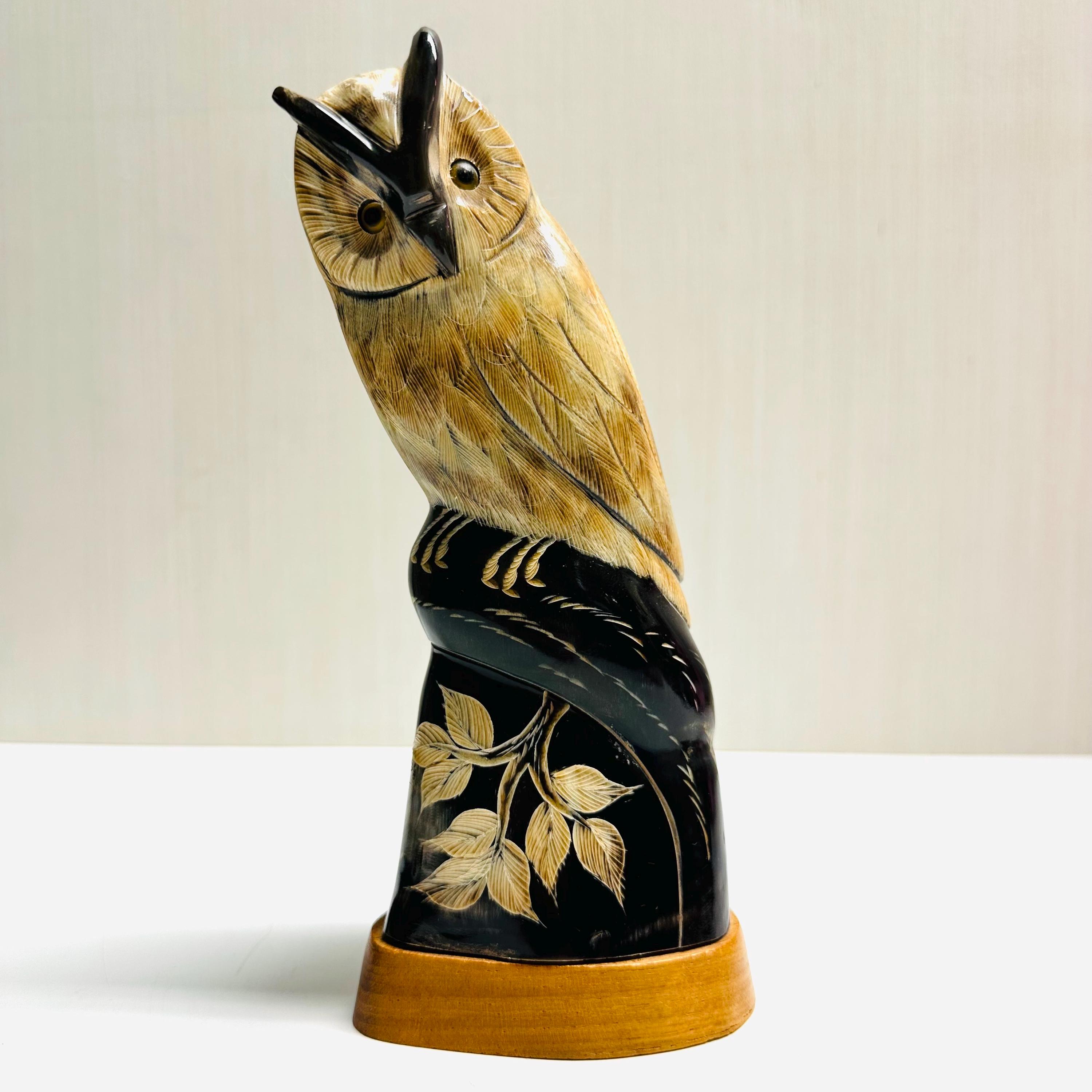 Vintage Owl Carved Buffalo Horn Figurine Woodland Animal Thailand Folk Art
