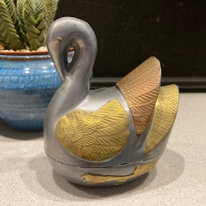 Vintage Swan Pewter and Mixed Metals Armored Swan Trinket Dish Ring Dish Jewelry Box