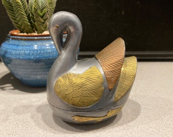 Vintage Swan Pewter and Mixed Metals Armored Swan Trinket Dish Ring Dish Jewelry Box