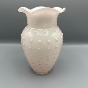 Vintage Vase Hobnail Encased Glass Light Pale Pink White Encased Ruffle Fluted Rim