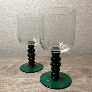 A Pair of Vintage MCM Green and Clear Glass Wine Glasses Green Bubble Stem Glasses Green Goblets Green Cocktail Glasses Retro Barware