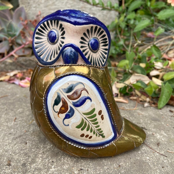 Vintage Tonala Mexican Folk Art Pottery Armored Owl Figurine with Brass Feathers Hand Painted
