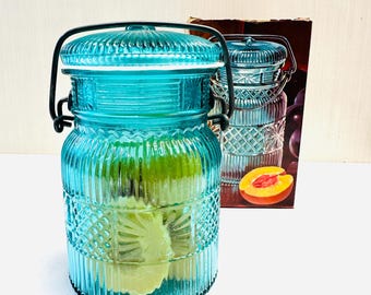 Vintage Avon Country Peaches Soap Jar Blue Glass Lidded Jar Wire Bail Handle Closure Original Box