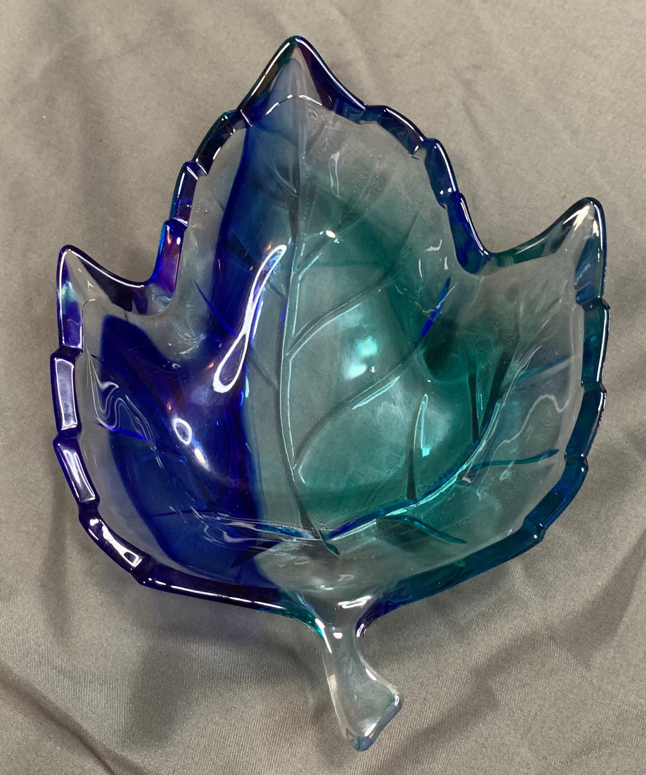 Blue glass leaf shaped bowl Etsy