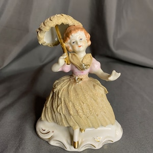Vintage Porcelain Victorian Lady with Umbrella Figurine Pink and White with Gold Accents